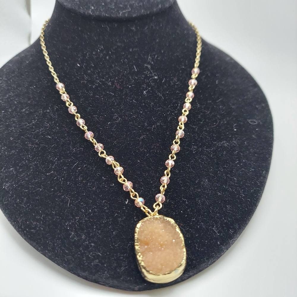 Druzy 1" Pendant & Necklace 8.5" & Pink Glass Beads,extender 3".Pretty in Pink!
